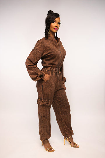 WASHED DENIM ZIP DOWN JUMPSUIT